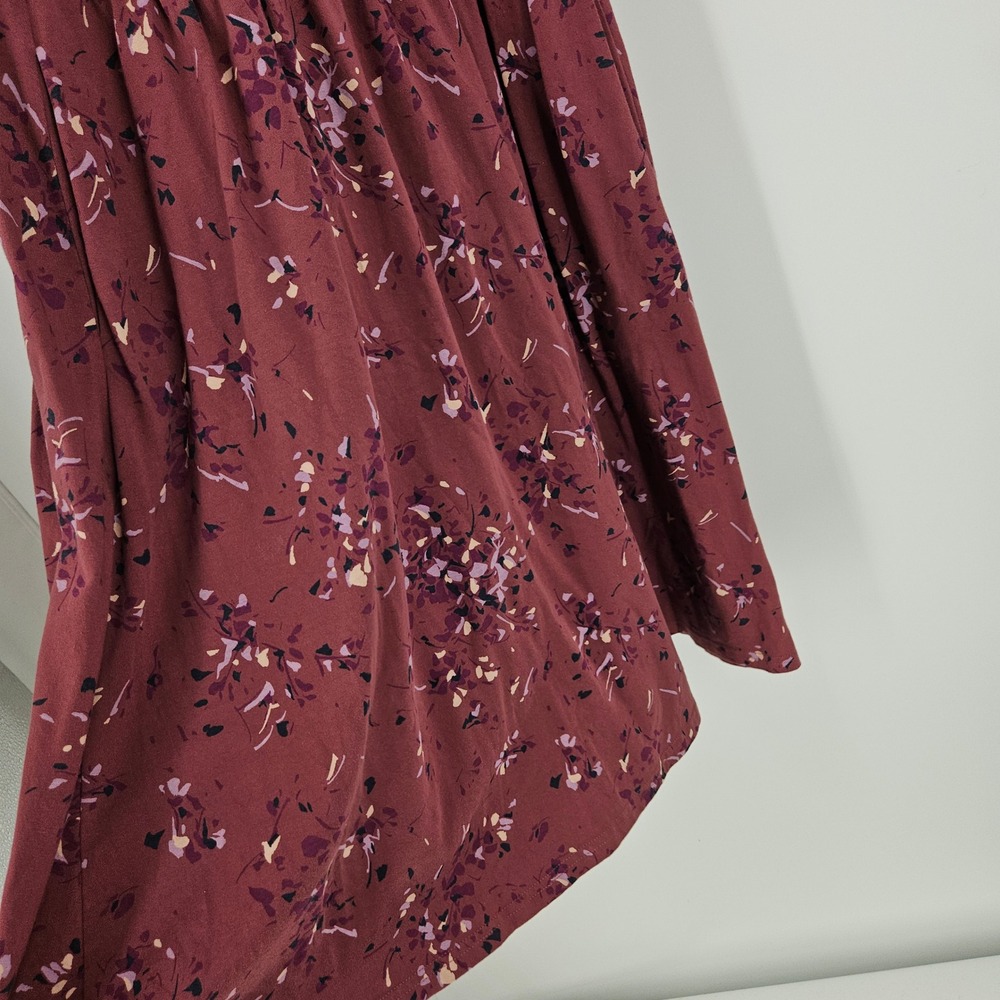 Pact Fit & Flare Crossover Dress Maroon Floral Short Sleeve Faux Wrap Mini Sz M - Picture 7 of 11
